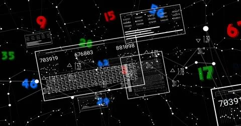 Displaying central key-grid panel with floating data panels in 3D network, Illustrazione stock