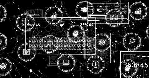 Displaying central keyboard grid in abstract interface, showing UI panels, Stock Photos