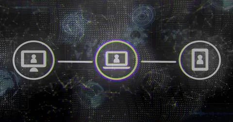 Displaying central laptop node glowing in abstract digital network, linking d Stock Illustration