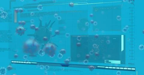 Displaying central large 3D virus model floating in digital interface, with Illustrazione stock