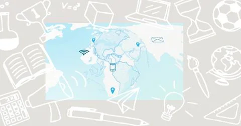 Displaying central light blue world map on beige backdrop, with doodle and Stock Illustration