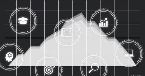 Displaying central light-gray area chart spanning center on dark grid, showin Foto stock