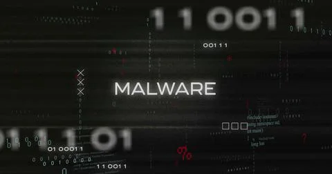 Displaying central MALWARE text glowing on security dashboard, with binary Stock Photos