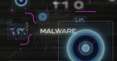 Displaying central MALWARE text hovering over dark cybersecurity dashboard, 스톡 사진