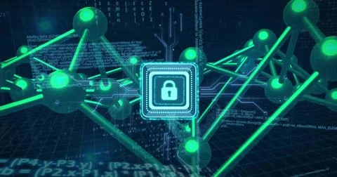 Displaying central microchip with padlock glowing on dark grid plane, connecting 스톡 일러스트