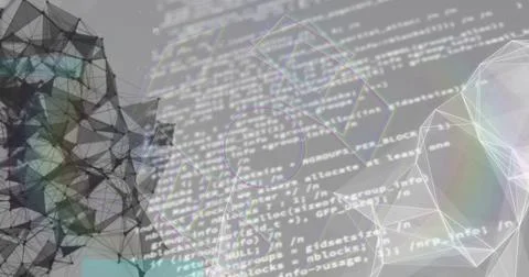 Displaying central monospaced code block flowing in digital UI, with wireframe 스톡 사진