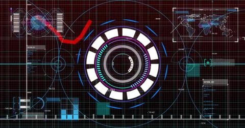 Displaying central multi-layered HUD projecting on digital control screen, with Stock Illustration