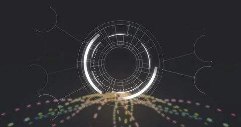 Displaying central multi-ring holographic HUD in virtual tech stage, showing Stock Illustration