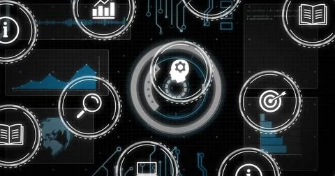 Displaying central multi-ring HUD showing head-gear silhouette on dark-grid Foto stock