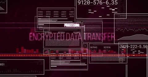 Displaying central neon ENCRYPTED DATA TRANSFER label on maroon panel, showing Stock Photos