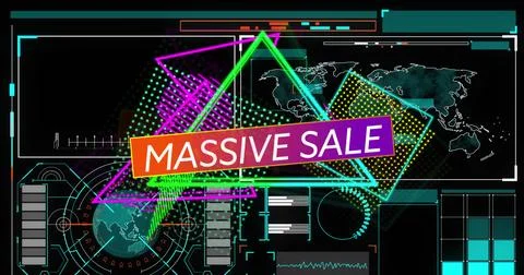 Displaying central neon gradient MASSIVE SALE banner glowing in UI, with HUD Stock Photos