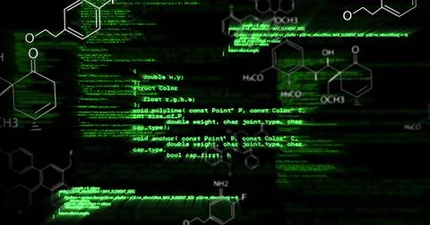 Displaying central neon-green program code on digital interface with chemical イラスト素材