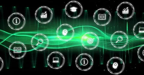 Displaying central neon green waveform pulsing in digital interface with glowing Stock Illustration