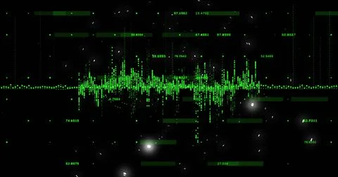 Displaying central neon-green waveform pulsing across dark digital interface, Stock Illustration
