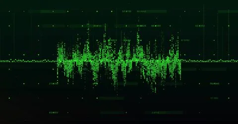 Displaying central neon green waveform pulsing on dark GUI, with numeric labe 写真素材