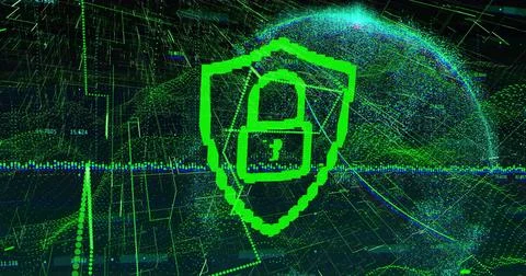 Displaying central neon shield with padlock in virtual network, showing globe Illustrazione stock