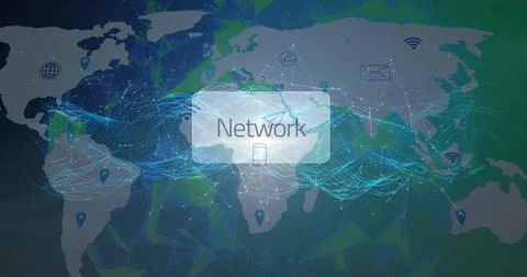Displaying central Network box over world map, linking smartphone icon, Stock Illustration