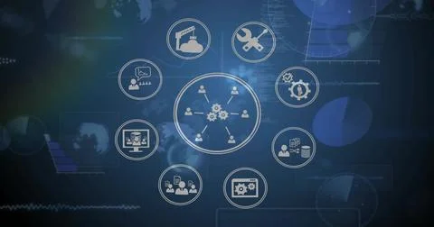 Displaying central network gear icon linking human figures on dashboard with Stock Photos