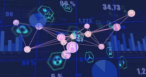 Displaying central network graph on data dashboard, showing pink purple nodes, Stockillustratie