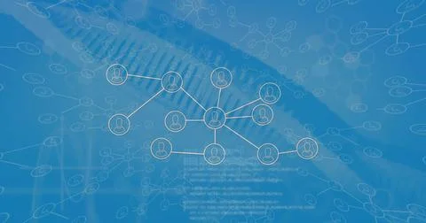Displaying central network graph linking user icons on blue background, with Stock Photos