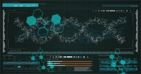 Displaying central network graph pulsing on dark dashboard, with teal hex Stock Photos