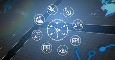 Displaying central network hub showing radial nodes on dashboard, with cloud Stock Illustration