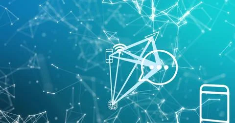 Displaying central network icon pulsing in teal gradient digital field, with Stock Illustration