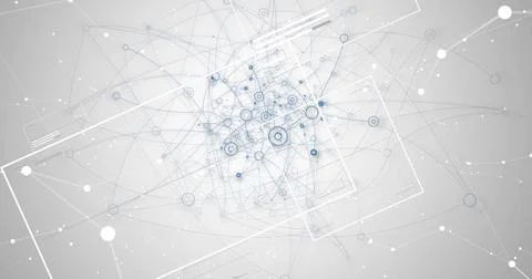 Displaying central network node cluster pulsing in digital space, with nodes and Stock Illustration