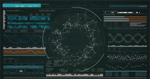 Displaying central network ring with concentric guides on dark grid dashboard, Stock Illustration