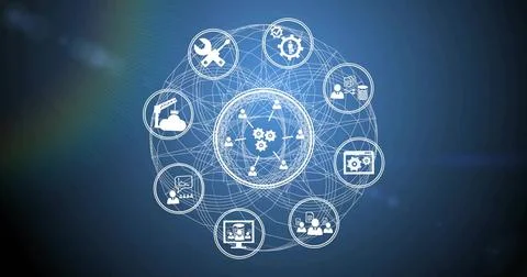 Displaying central network sphere on blue gradient, showing gears, cloud, data, イラスト素材