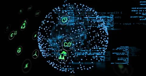 Displaying central network sphere floating in virtual interface, with blue code Stock Photos
