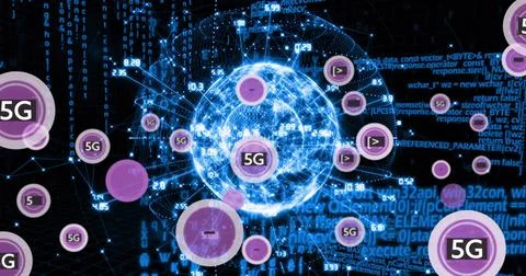Displaying central network sphere pulsing in cyberspace, with purple 5G tokens 库存插图
