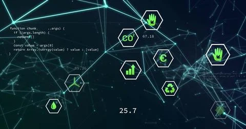Displaying central network visual pulsing across virtual UI, showing hex badges Stock Illustration