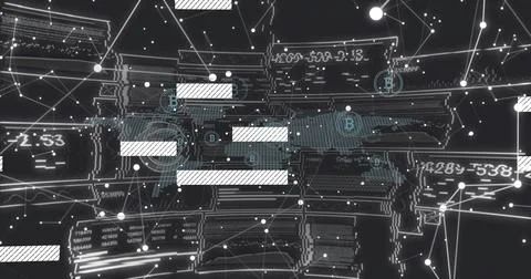 Displaying central node cluster with floating panels, connecting lines and 스톡 일러스트