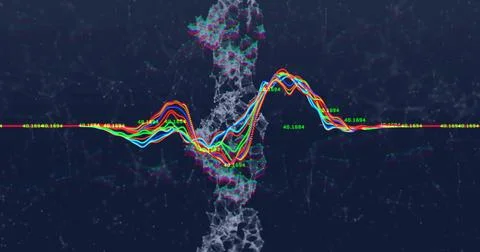 Displaying central node column with colorful waveform flowing on data interface, 写真素材