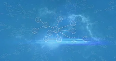 Displaying central node connecting to circular icons across cloud network, with Foto stock