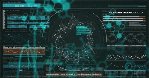 Displaying central node network on analytics dashboard, with teal hex patterns Stock Photos