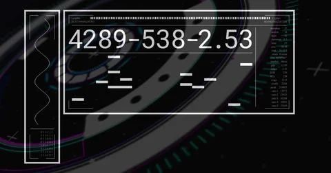 Displaying central numeric panel rotating data fragments in virtual HUD, with Stock Photos