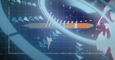 Displaying central orange projectile shape rotating on blue grid in HUD 写真素材
