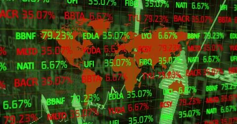 Displaying central orange world map overlaying market dashboard, showing tickers Stock Illustration