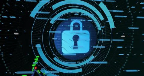 Displaying central padlock icon glowing and scanning virtual interface, with HUD Stock Illustration