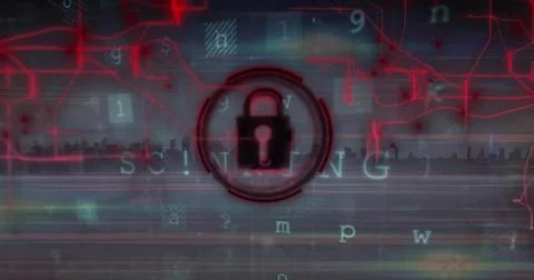 Displaying central padlock icon hovering over horizontal skyline band, with red Stock Photos