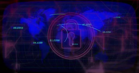 Displaying central padlock icon pulsing over global map grid, with glowing nodes Ilustração Stock