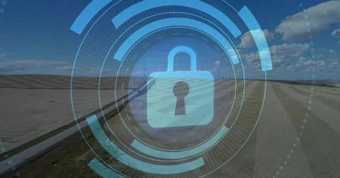 Displaying central padlock icon securing rural farmland via digital interface, Stock Photos