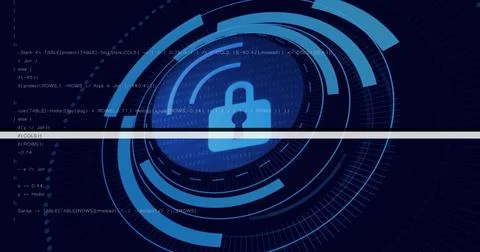 Displaying central padlock icon spinning inside concentric HUD rings on security Illustrazione stock