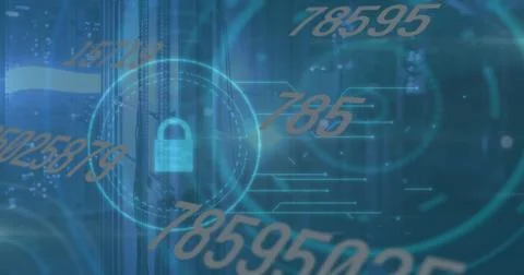 Displaying central padlock icon within HUD ring in data center, with numeric and 스톡 사진