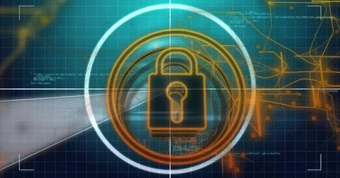 Displaying central padlock with keyhole glowing in virtual security HUD, showing 库存插图