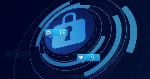 Displaying central padlock pulsing inside HUD rings on dark blue panel, with Stock Illustration