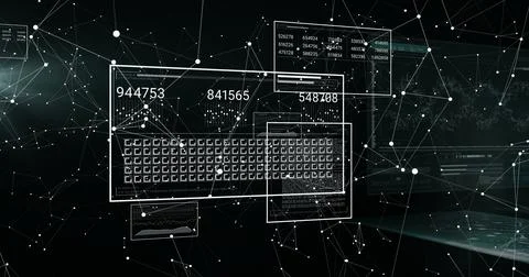 Displaying central panel with grid and numeric metrics in digital network with Illustration
