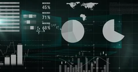 Displaying central panel showing candlesticks, pie charts, bars or tables, 45% Stock Illustration